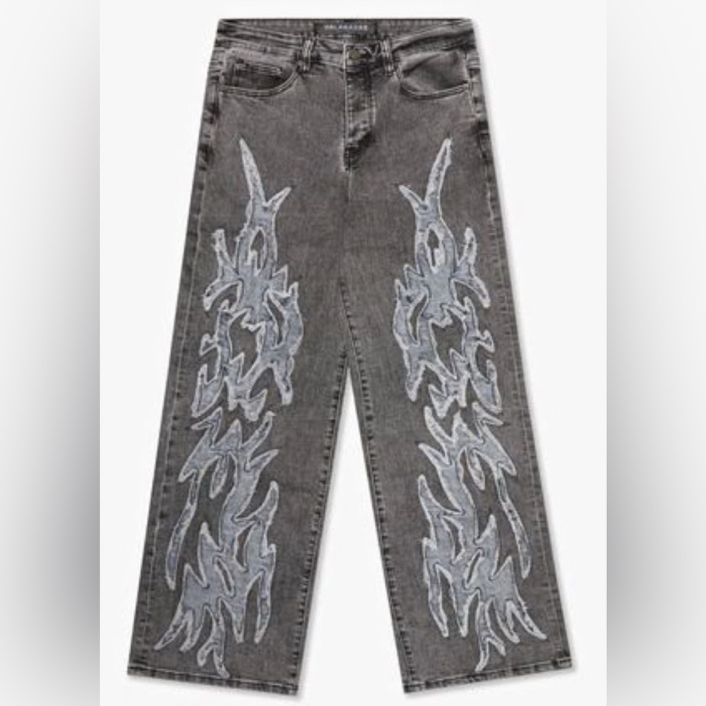 Gray Jeans with Silver Flame Design